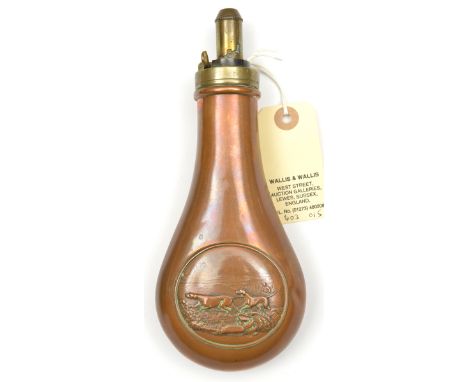 A copper powder flask “Medallion” (similar Riling 700 without rings), common brass top, 3 position graduated nozzle, by Dixon