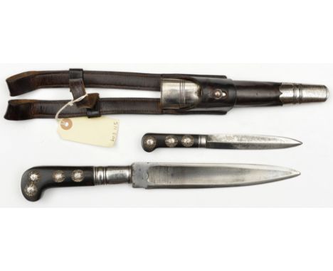 A 19th century Continental hunting knife, heavy, shallow fullered SE blade 8”, with maker’s mark (stylized “T”?) on one side 