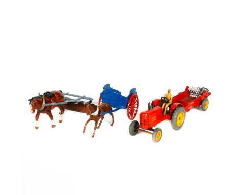 A Britains horse drawn milk float (131F) comprising of a blue cart with red wheel and horse. Together with a horse and roller