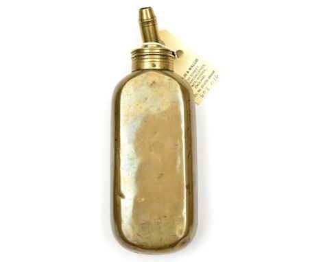 A plain brass powder flask (shape similar to Riling 1244) “Sykes Patent” brass top, sloping 3 position graduated nozzle, 8¼” 