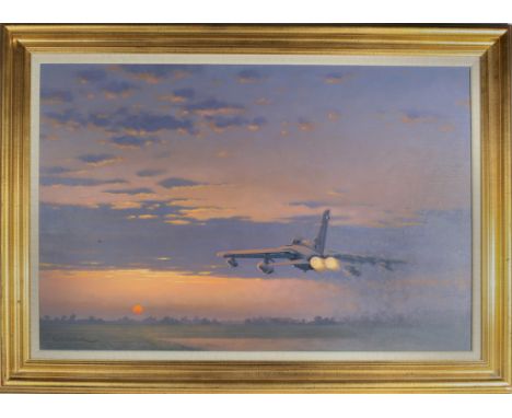 An oil painting on canvas entitled 'Dawn Thunder' by Keith Woodcock. Depicting an RAF Tornado GR1 taking off with the light a