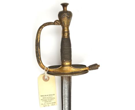 A German officer’s sword, c 1840, straight, SE, fullered blade 29½”, with traces of etching at forte, gilt brass hilt with na