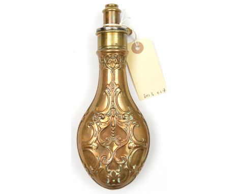 A copper powder flask “Horse” (Riling 1052), patent brass top by G &amp; J W Hawksley, Sheffield, graduated nozzle 2¼-3 “Dram