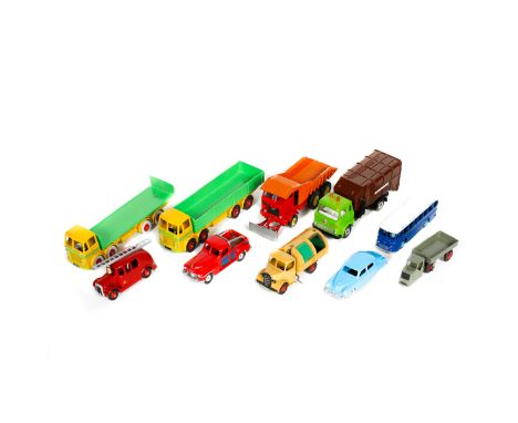  10 well restored Dinky Toys. 2 Leyland Octopus - wagon and flatbed with tailboard, Studebaker Land Cruiser, BOAC coach, Bedf