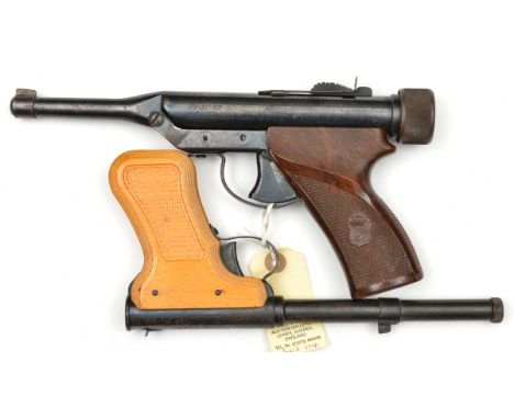 A .22” Hy Score target air pistol, number 881196, with blued metalwork and brown plastic grips; also a German .177” Original 
