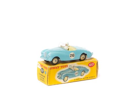 Dinky Toys Sunbeam Alpine Sports (107). Example in light blue with cream seats and wheels, with black rubber tyres,  RN26, co