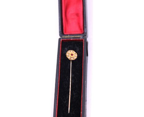 9ct Gold Garnet and Seed Pearl Stick Pin. Boxed. The Stick Pin contains an Old Cut Garnet in the centre surrounded by eight S