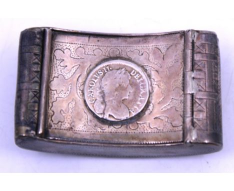 Antique Sterling Silver Snuff Box inset with a Charles II Silver Coin. The Silver Snuff Box is hallmarked with a duty mark, t