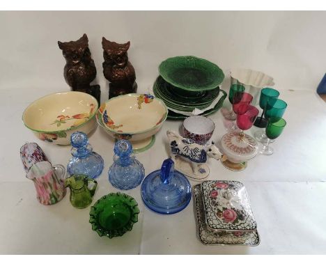 A collection of ceramics and glass to include; pair of Hadley owl bookends, green leaf plates and pedestal dish, Victorian dr