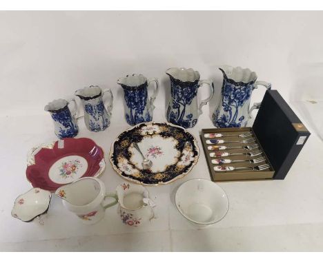 A graduated set of 5 Blue and white ceramic jugs together with a sterling silver teaspoon, Royal Worcester Evesham pattern fo