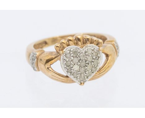 9ct Yellow Gold 0.25ct Diamond Cluster Claddagh Ring.  The ring contains 0.25ct Total Carat Weight of Diamonds.  The Diamonds