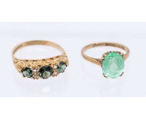 Two 9ct Gold Rings.  To include a 9ct Gold Synthetic Green Spinel and Cubic Zirconia Ring and a 9ct Gold Pale Green Stone Dre