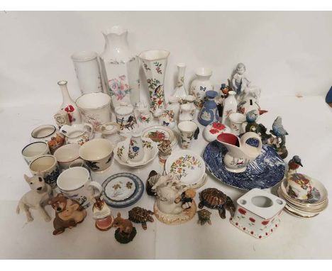 Five boxes of miscellaneous china and glass to include; Aynsley, Beswick figures, Goebels, Wedgwood Jasperware, Royal commemo