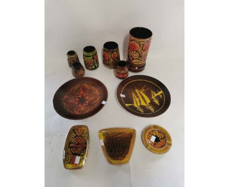 A collection of Poole pottery 'Aegean' to include; 2 chargers each approximately 26cm in diameter, a taller vase 23cm high, 5