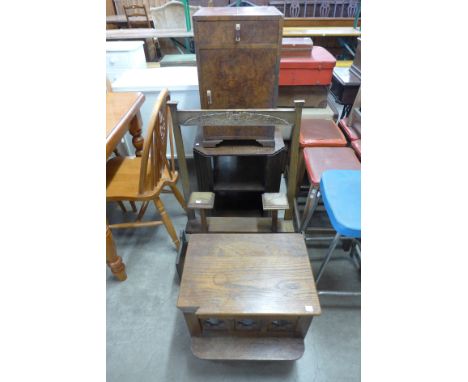 A walnut pot cupboard, oak occasional table, book shelf, etc. (5)