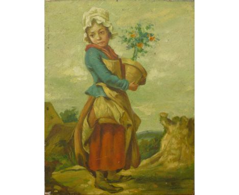 British School (20th Century), figure in a cottage doorway, oil on board, 17 x 24cms, framed and a portrait of a girl, oil on