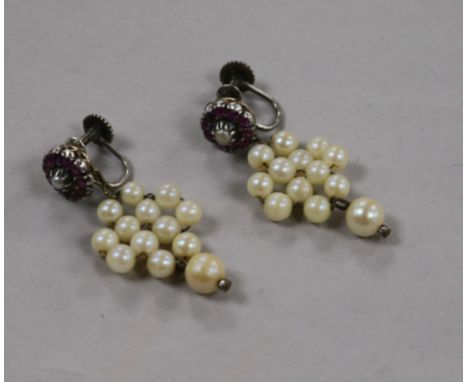 A pair of antique ruby and cultured pearl cluster drop earrings.