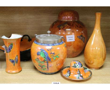 Carlton ware Armand orange lustre - a ginger jar and cover, two vases, an inkwell, biscuit barrel and dish (6)