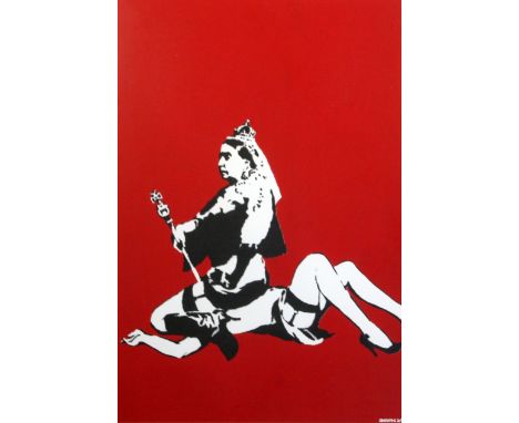 After Banksy, Queen Vic, screen print, unsigned, 26.5 x 19in.