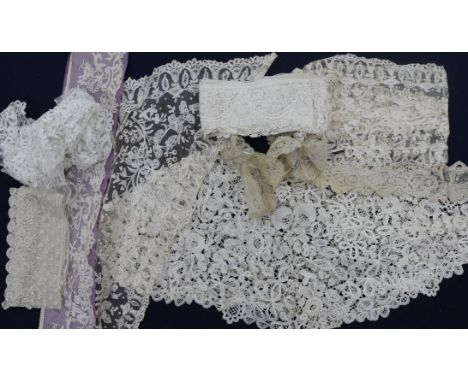 A Brussels needlepoint and bobbin lappet and a pair of hat ornamental lace with various collars and trimmings
