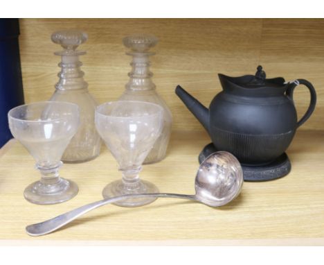A Wedgwood basaltware teapot and stand and a pair of rummers