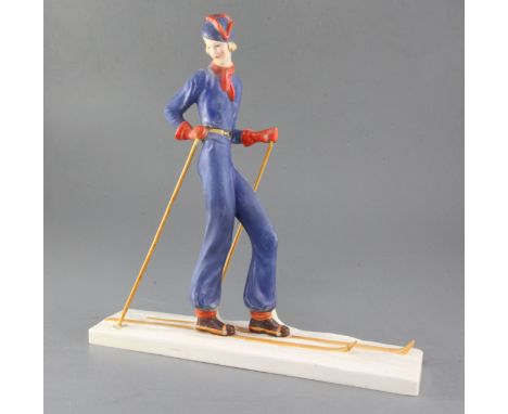 A William Goebel Art Deco pottery figure of a woman skier, impressed model no.FF37/1 and monogrammed WG below a crown, height