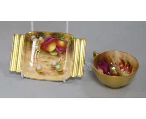 A Royal Worcester fruit-painted coffee cup and saucer, by H. Ayrton, Art Deco shape