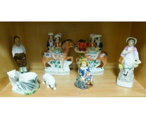 Pair of Staffordshire figure ornaments, 2 others, figure candlestick, ashtray etc. 