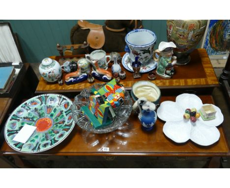Poole Pottery dish, Doulton mask jug, large glass fruitbowl, bookends, entree dish etc. 