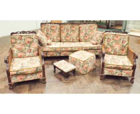 3 seater mahogany framed single cane bergere 3 seater settee 3 piece suite with loose tapestry cushions together with matchin