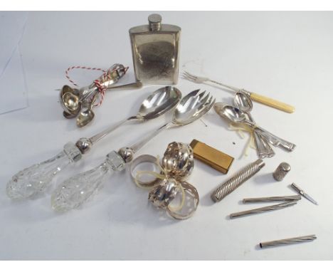 Collection of silver plated wares to include cut glass handled salad servers, condiment forks, silver plated fruit tube, gold