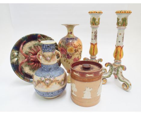 Collection of ceramics to include Carlton ware, pair of Quimper style candlesticks, Noritake vase etc (6 items in the lot)