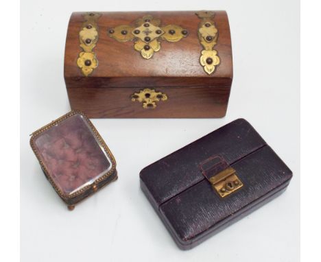 Victorian walnut dome topped tea caddy, leather jewellery box and a gilt metal jewellery box with bevelled glass lid 