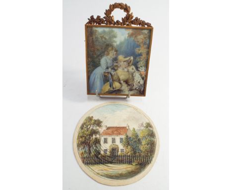 Early 19th century watercolour group portrait of girls in a French gilt brass frame together with a 19th century watercolour 