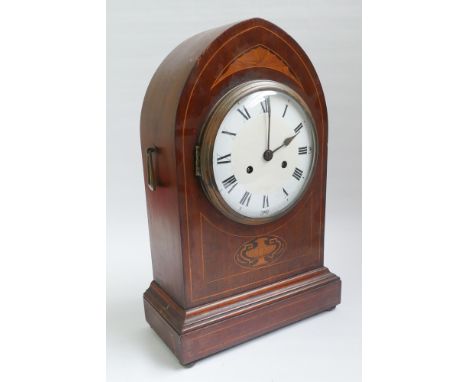 Large Edwardian striking mantel or bracket clock in inlaid mahogany case 18" tall x 11.5" wide 