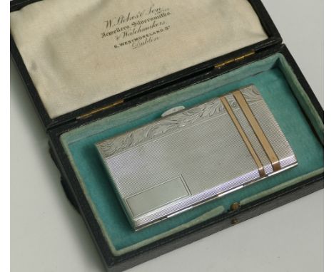 Hallmarked silver engine turned and gold inlaid cigarette case, import marks.  Measuring 8cm long together with fitted leathe