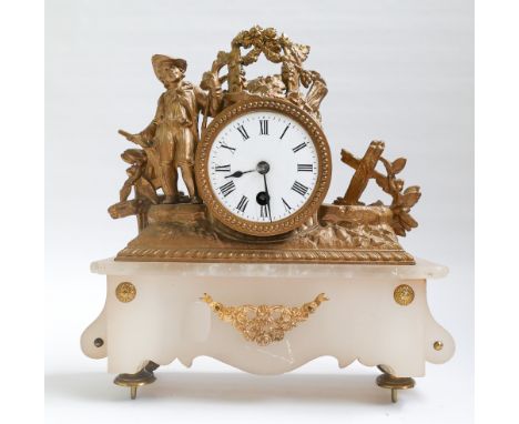 French white marble and gilt figure mounted mantle clock approx 11" high 