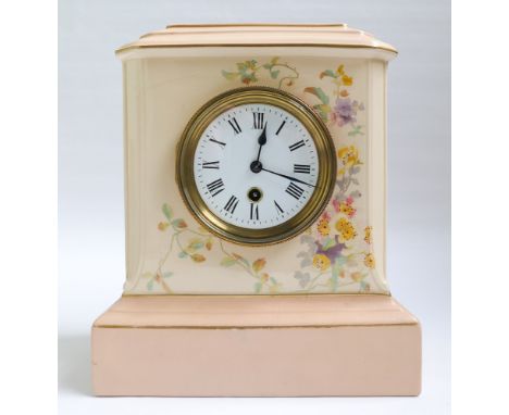 Mantle clock in floral decorated and pale pink china case, standing approx 11" high 