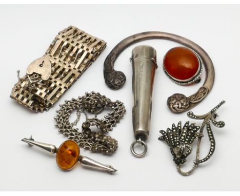 Silver cheroot holder case, silver gate bracelet and other items of silver jewellery