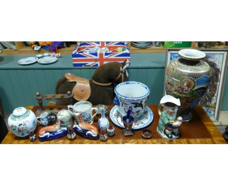Satsuma vase, jardiniere and saucer, Toby jug, pipe rack etc