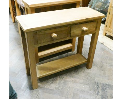 2'9 new heavy light oak console table fitted 2 drawers and under tier with bun handles matching previous lot 