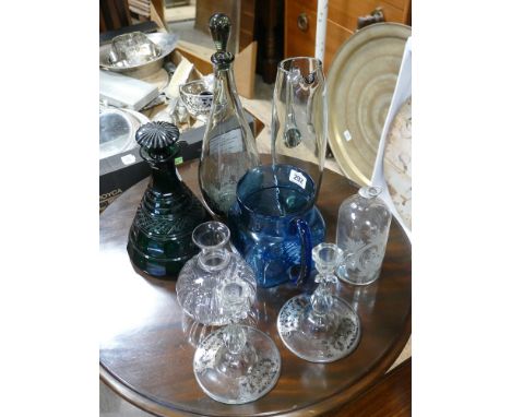 2 glass decanters, pair of glass candlesticks, water jugs, flask etc. 