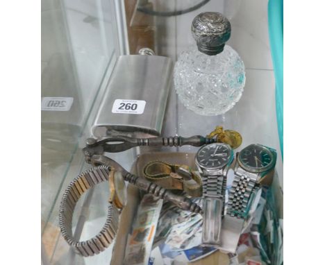 Various watches, dressing table jar, stainless steel hip flask etc. 