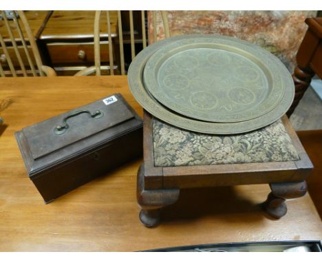 Victorian mahogany tea caddy, brass trays, footstool 