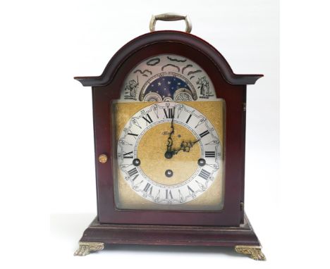 Reproduction Georgian style chiming bracket clock with brass and silvered dial and moon face in mahogany case 