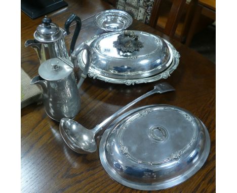 Silver plated entree dish, 2 coffee pots, ladle, bon bon dish etc. 