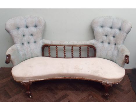 Victorian rosewood framed double ended conversation sofa standing on cabriole legs with barley twist back panel 