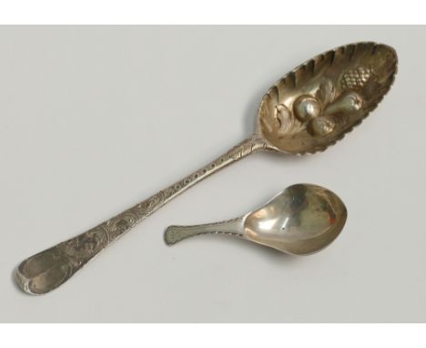 Georgian silver berry spoon and Georgian silver caddy spoon