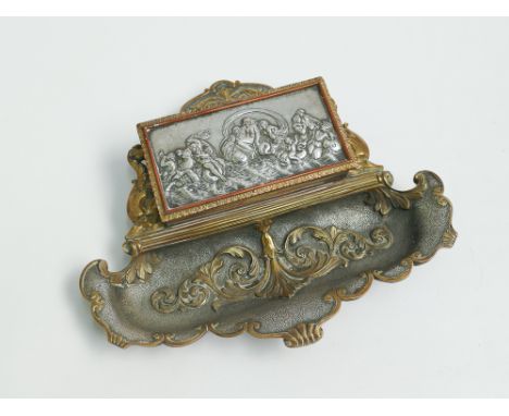 Italian gilt bronze and silver plated mounted inkstand with embossed panel depicting sirens signed Azalti-Leonori (Approx 20c
