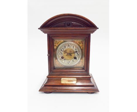 Edwardian striking bracket clock in oak case with brass and silver dial 